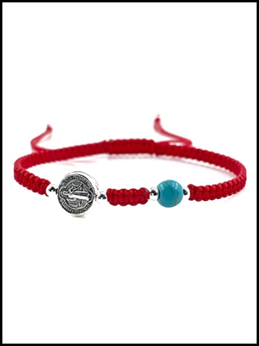 Woven Nylon Bracelet with Silver St. Benedict Medal & Turquoise Bead